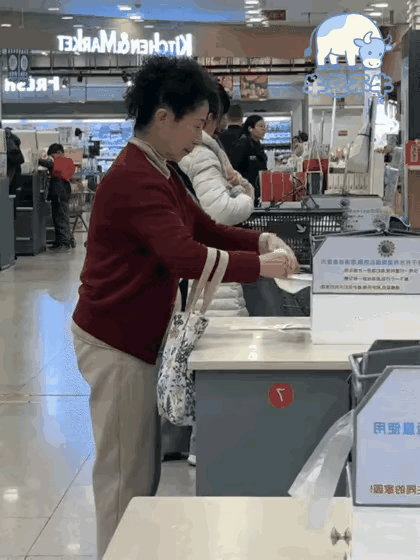 穿得很精致，怎么干这事？大妈的眼睛里只有塑料袋。干脆打开机器，整卷拿走得了，一