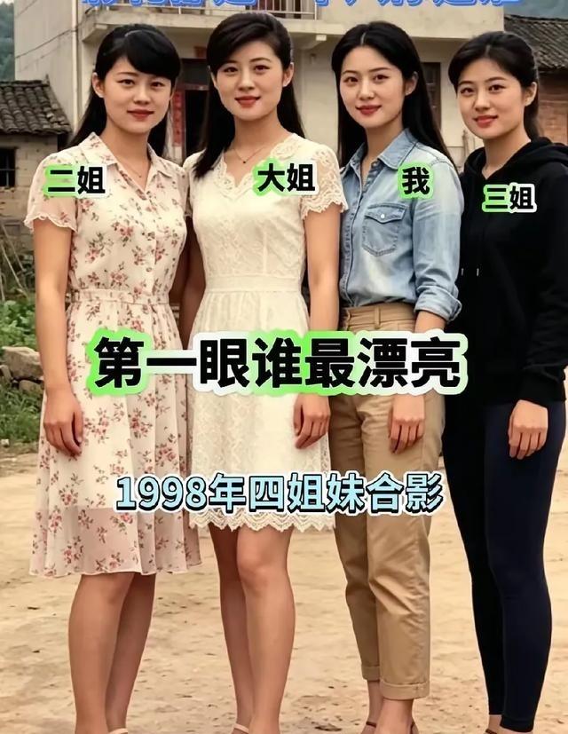 1998年的四姐妹合影，纯素颜美，长相和身材是不是比现在的明星颜值要高。上世纪