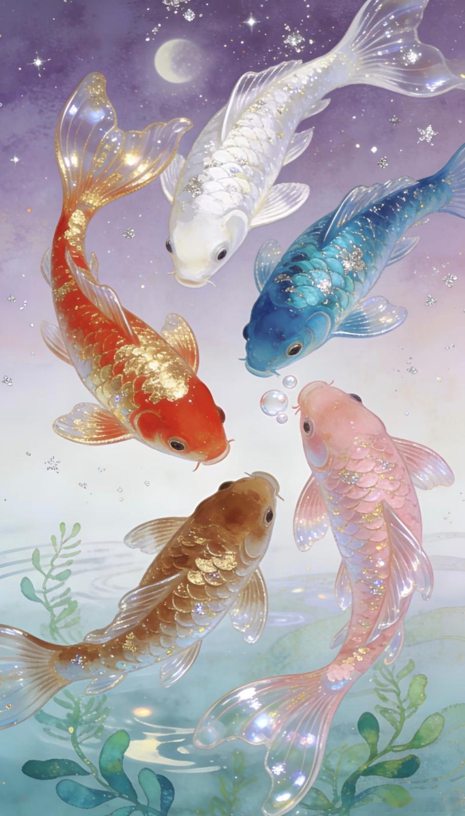 五彩斑斓的五条锦鲤，载着理想富贵，遇此锦鲤，必有好运相随。点赞，愿你亦能在这星河