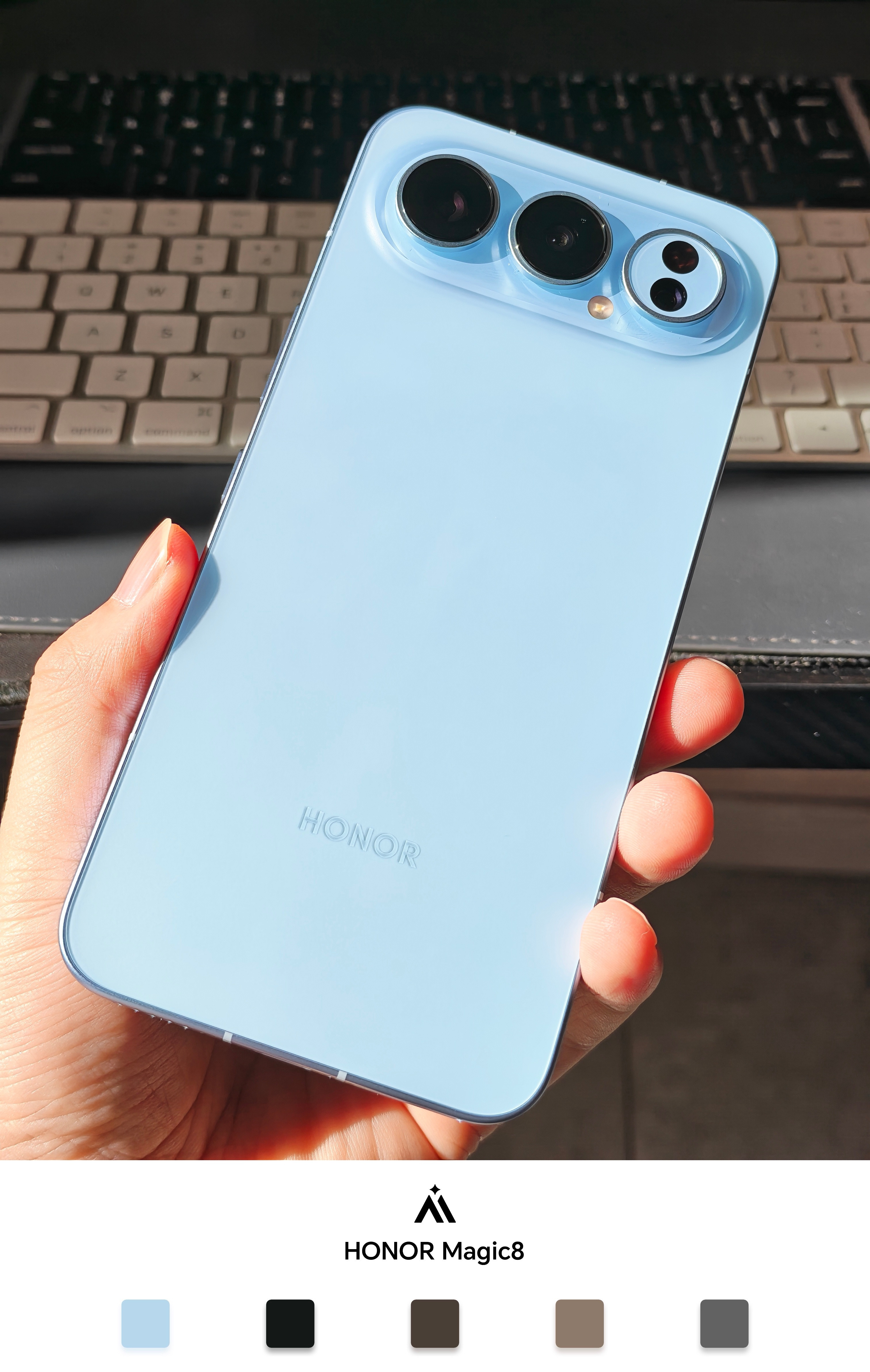 荣耀500Pro蓝色在光线照射下很好看，冷雕一体玻璃果然很显高级感，今年这个颜