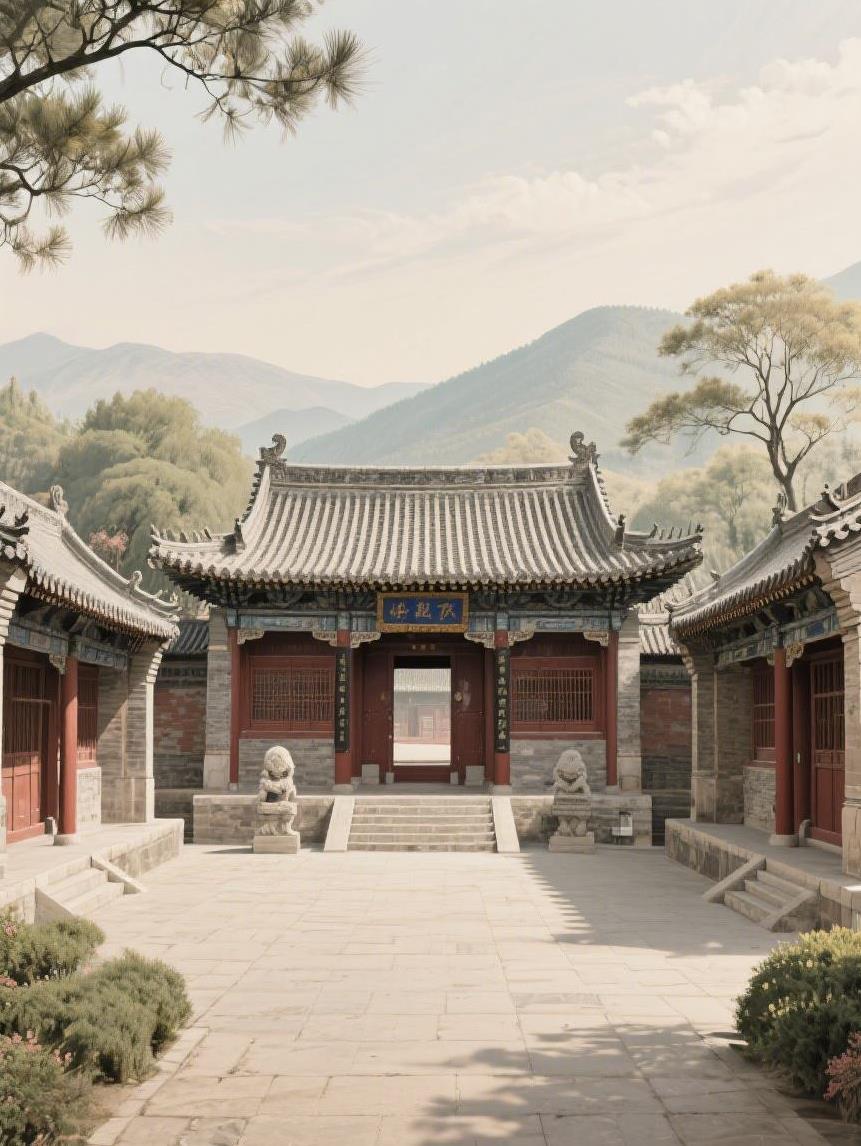 #AI妙生图#古刹庭院静对远山，岁月于此沉淀，每一寸砖瓦都藏着时光的密语，引人遐