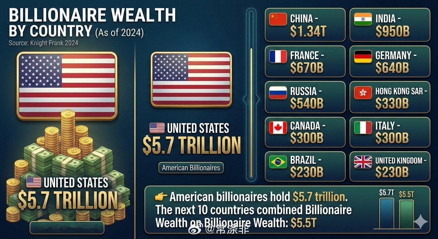 各国亿万富翁财富(截至2024年)美国亿万富翁拥有5.7万亿美元的财富。接下