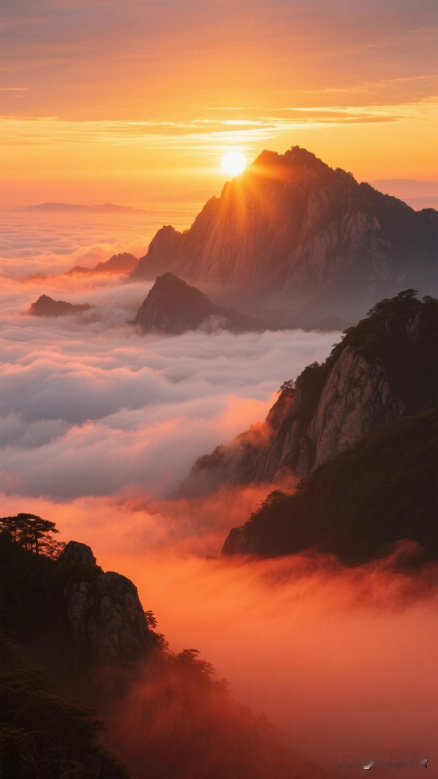 当夕阳把山尖镀成金，云海也漫成了橘色的浪——此刻站在山巅，只觉得连风里都裹着光。