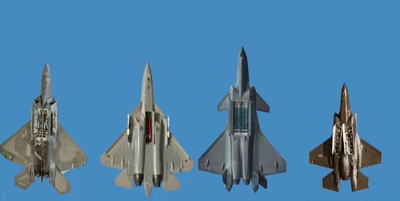 全球五代机弹仓全开对比图。歼20，F22，苏57，F35。大家觉得哪款战机的隐身