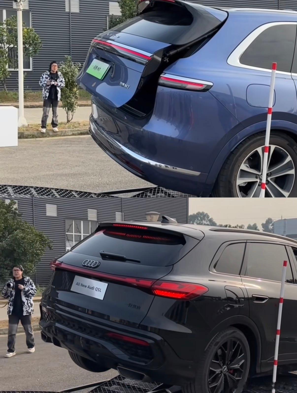 奥迪全新Q5L搞对比测试，选的是问界M7，结果是交叉轴上Q5L尾门正常开闭，问界