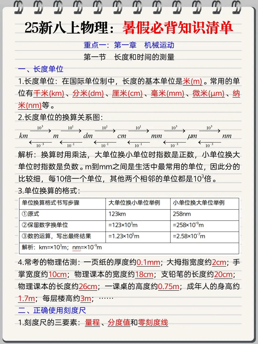 八年级上册物理暑假预习，必背知识点汇总
