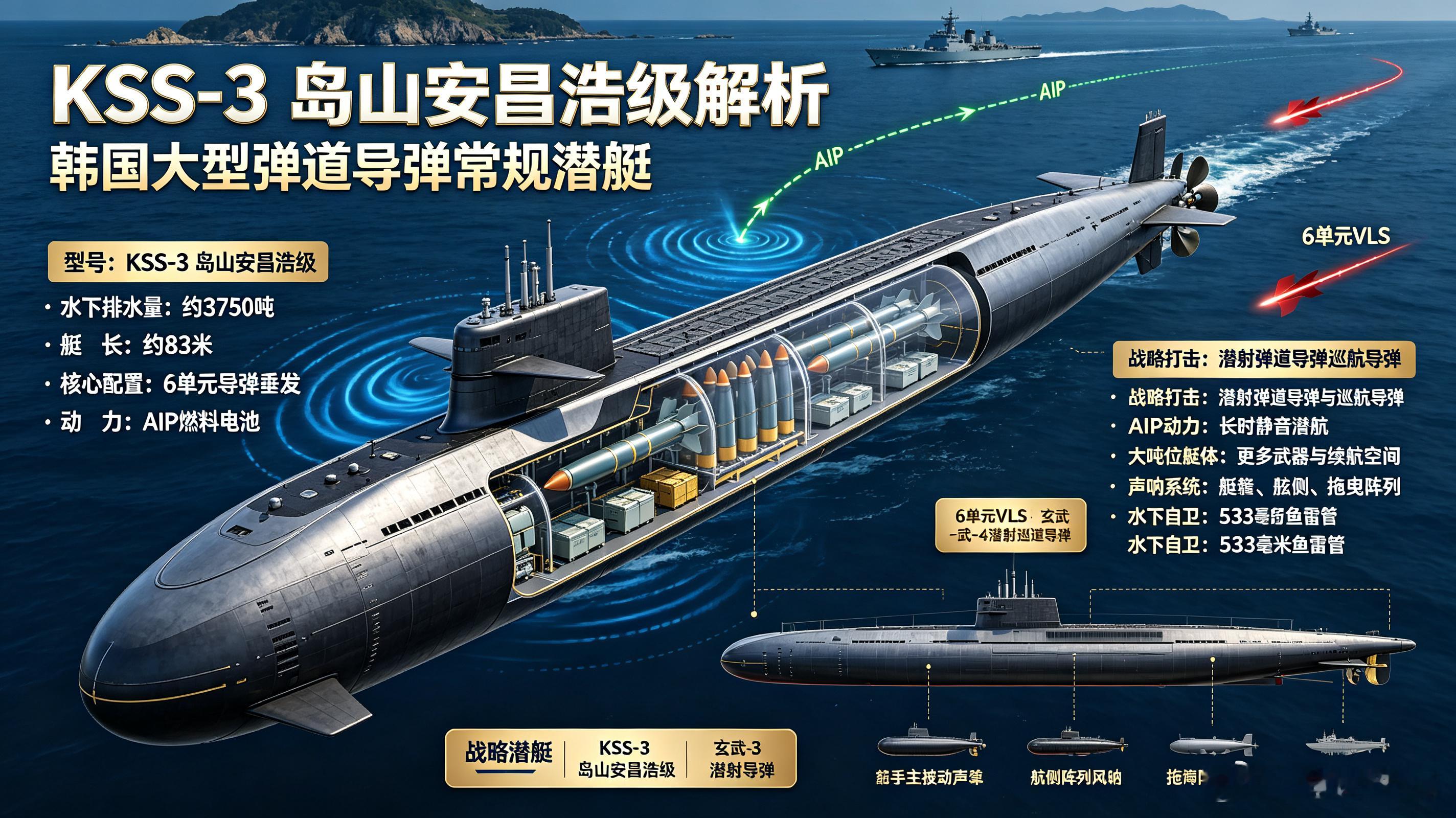 每天认识一件兵器KSS-3岛山安昌浩级，韩国大型弹道导弹常规潜艇。水下排水量约3