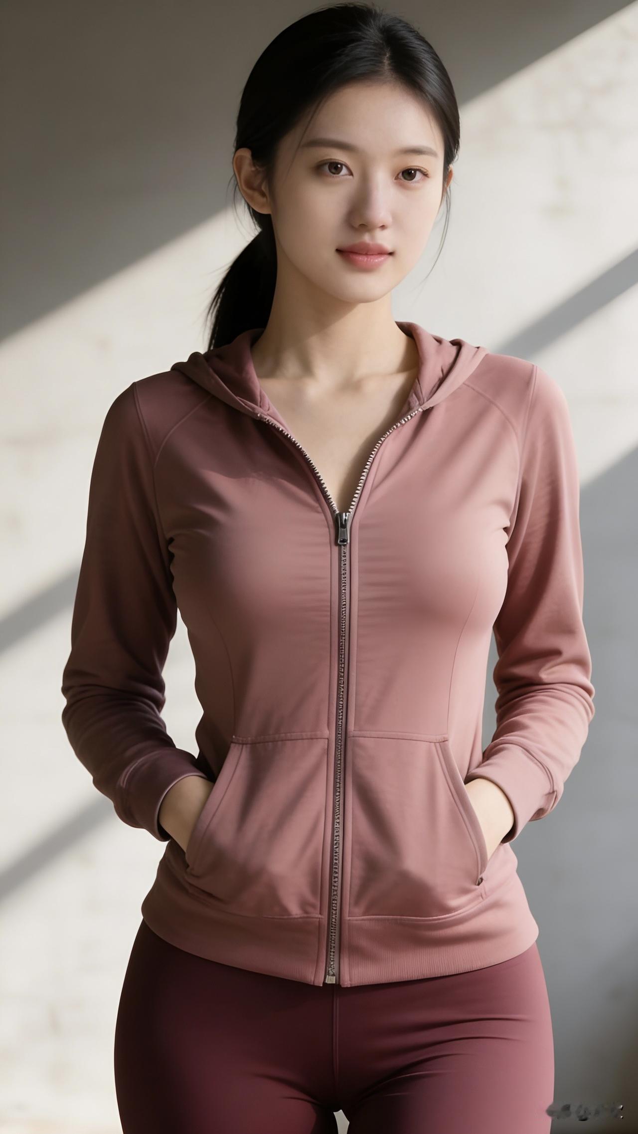 豆沙粉的运动外套裹着柔和的线条，她双手插兜站在光影交错的墙边，目光里带着舒展的松