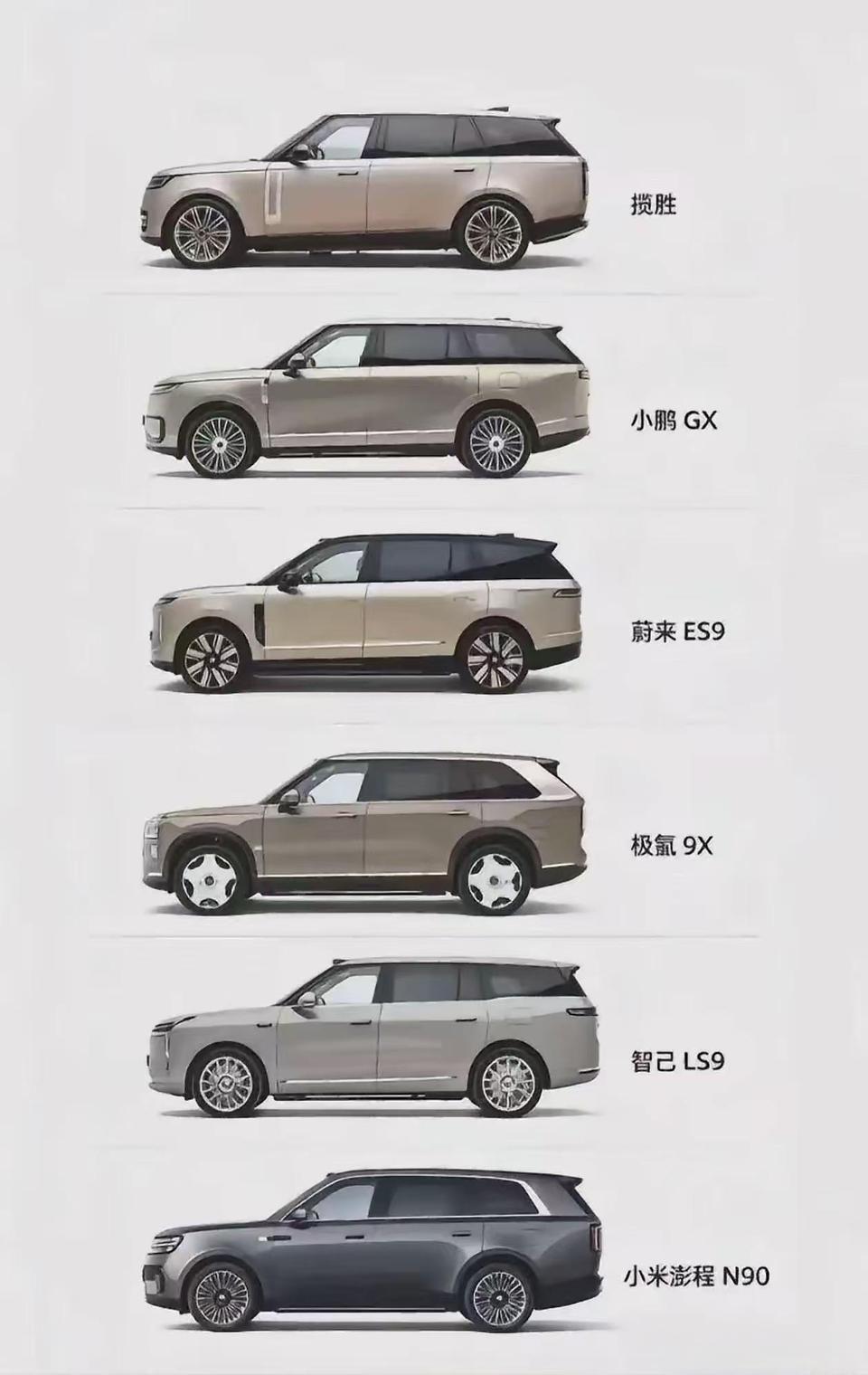 以下这5款车，哪款车型外观最像揽胜？个人觉得前两款比较像，小米澎程N90看着并不