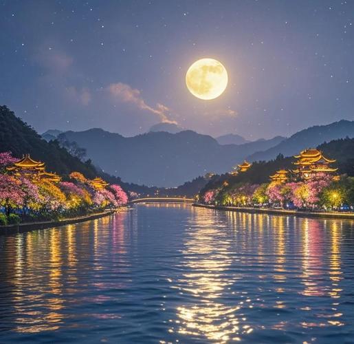 上联：江水悠悠夜月明，下联：山色苍苍接远空，下联：渔火点点照归舟。