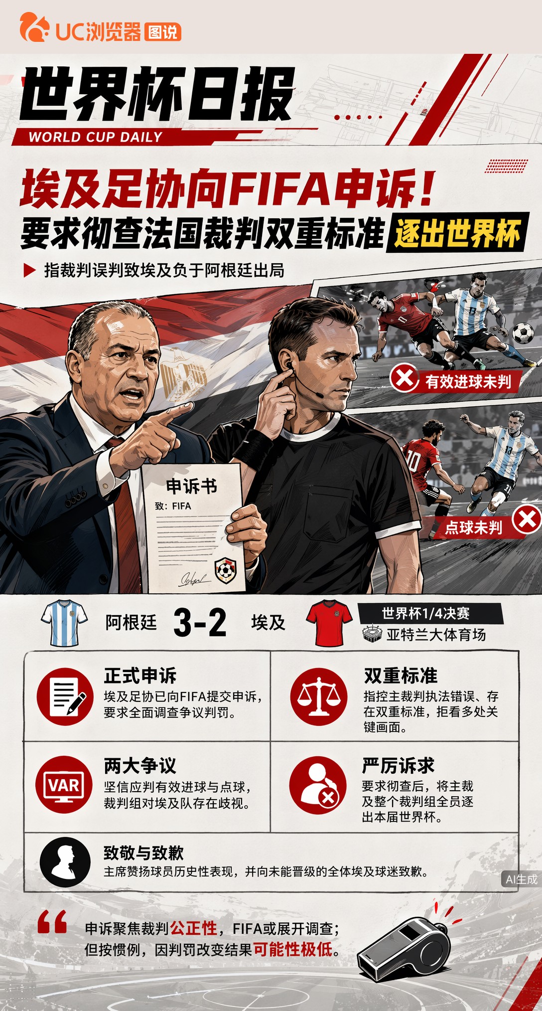 埃及足协向FIFA申诉！要求彻查法国裁判双重标准逐出世界杯
