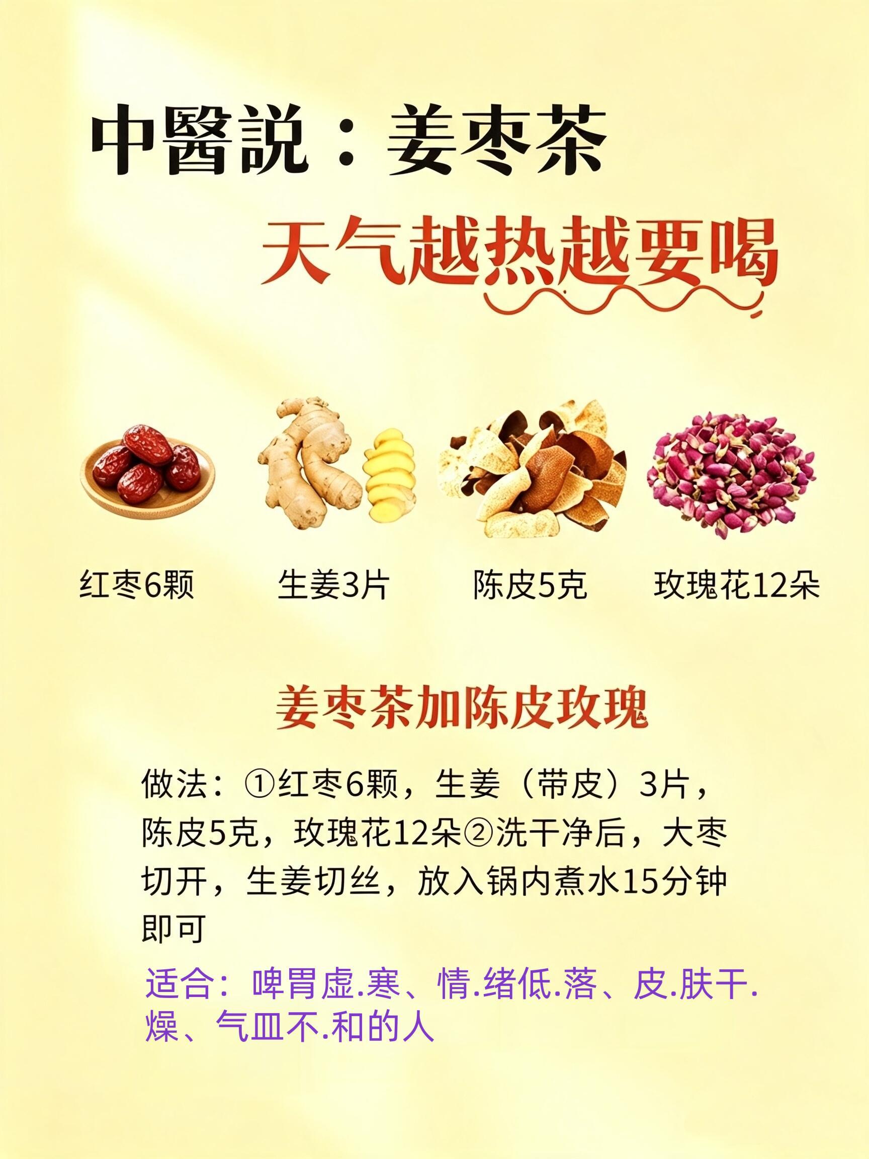 三伏喝姜不燥热！6组对症姜枣茶，寒湿、气血、烦躁全搞定🍵很多人有误区：姜枣茶是