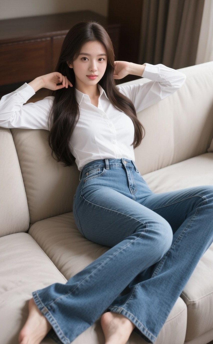优雅少妇侧卧浅眠，牛仔裤衬出好身材