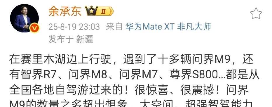 余承东表示，在赛里木湖附近，偶然了十几辆问界M9，还有很多鸿蒙智行的车型。
