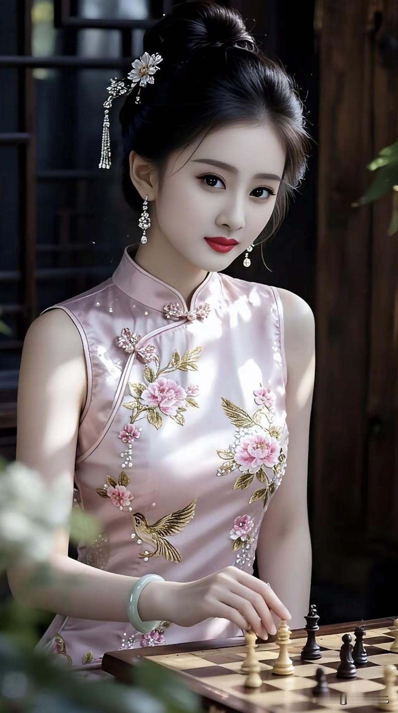 优雅旗袍少女，沉思棋局，静谧时光。旗袍风景写真旗袍街景照旗袍溪畔写真旗袍街