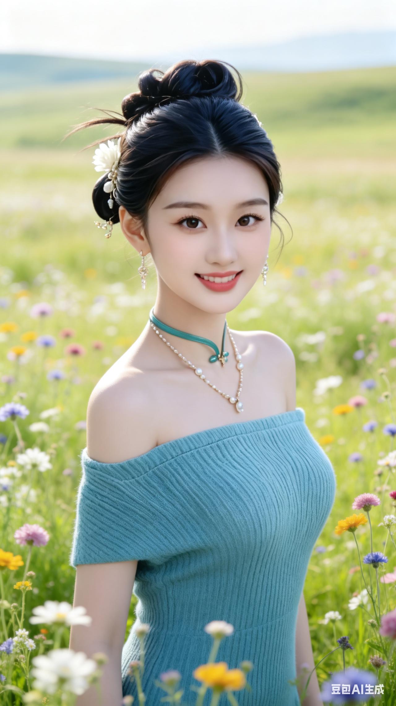 春日花海中的少女，甜美笑容，清新自然。自然清新美少女花海少女照花海少女