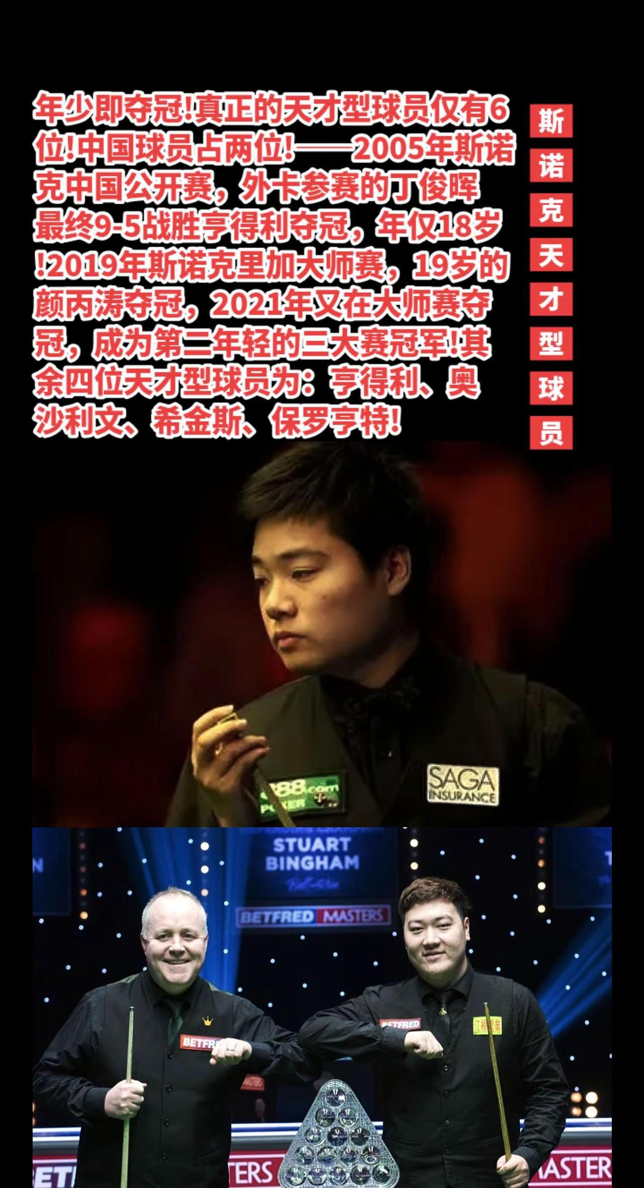 斯诺克天才型球员只有丁俊晖颜丙涛等六位。
