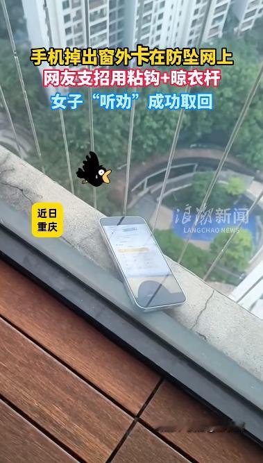 重庆一女子，手机不慎掉落在家中阳台外窗户防盗网上卡住了，女子将此事发到网上求助时