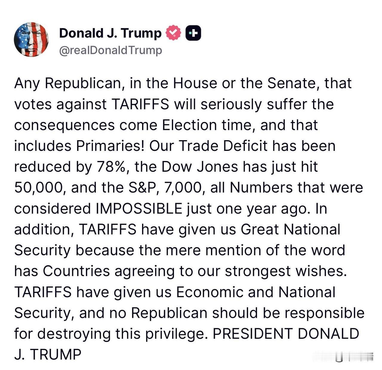 特朗普总统刚刚在社交媒体（TruthSocial）上对共和党党内发出了严厉警告