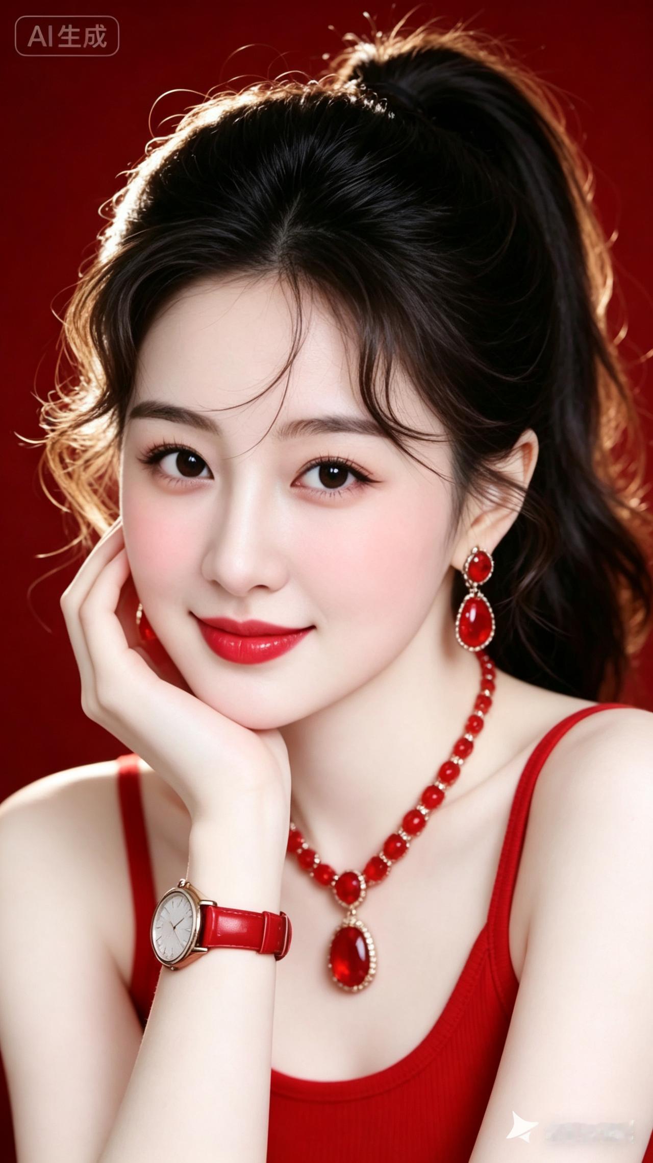 优雅红唇，闪耀珠宝，气质女神范儿！💄✨💎红裙珠宝写真你觉得她美在那些方面贸