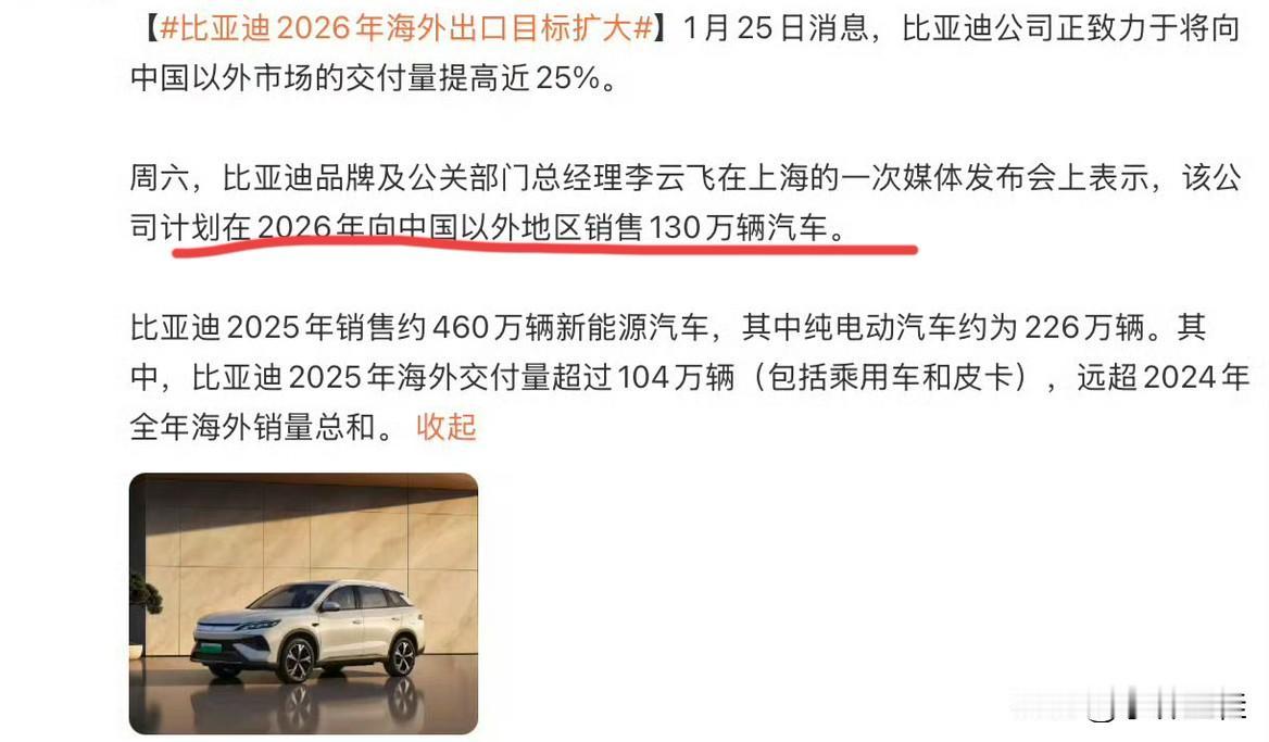 比亚迪2026海外销量目标130万辆，这是不是有点保守了？就目前来讲，除了8艘