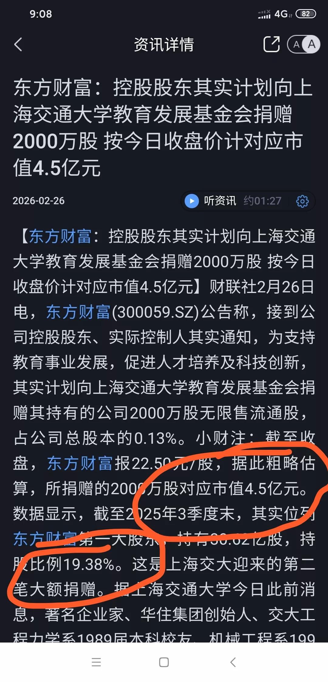 东方财富这算利好吗?实控人其实给母校上海交通大学赠市值4.5亿的股票。其实本科就