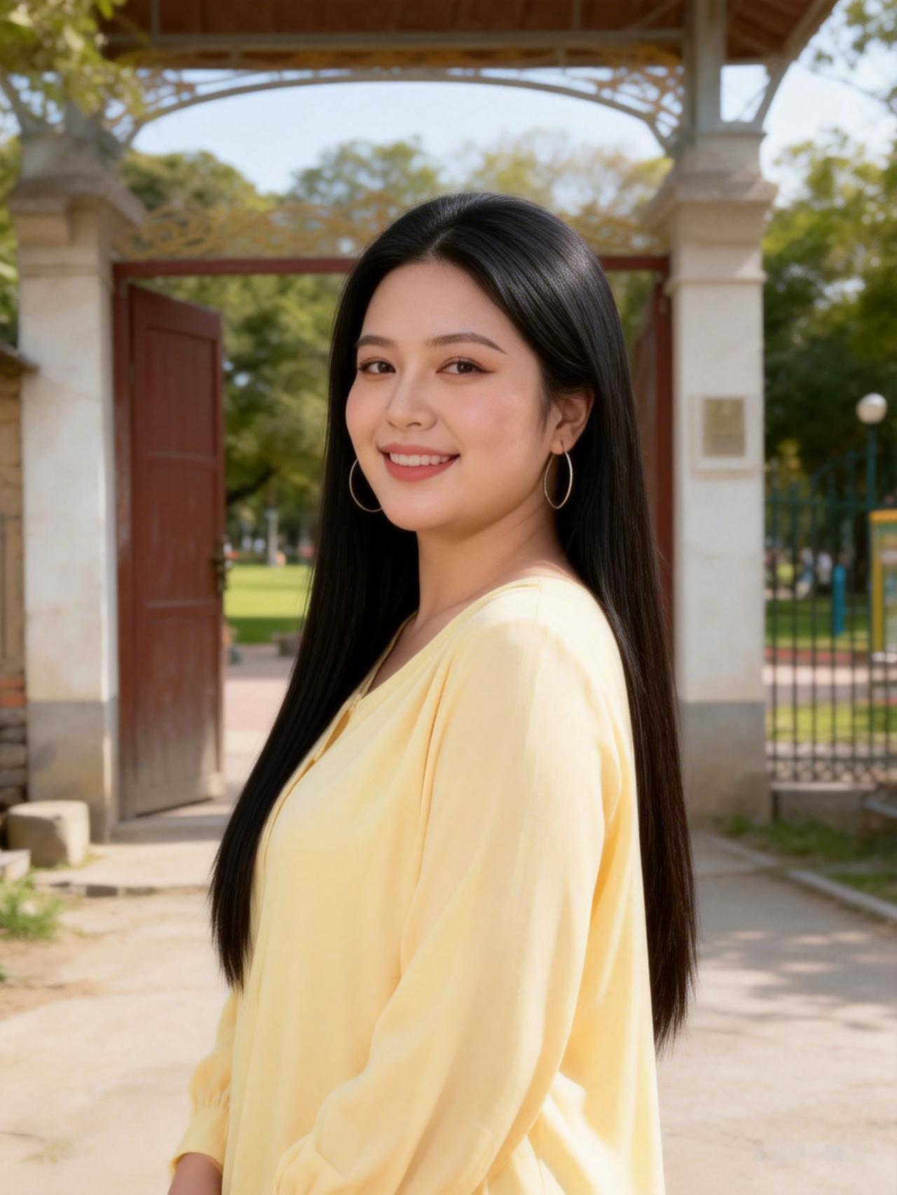 笑靥如花映绿阴，春风拂面意自宁。