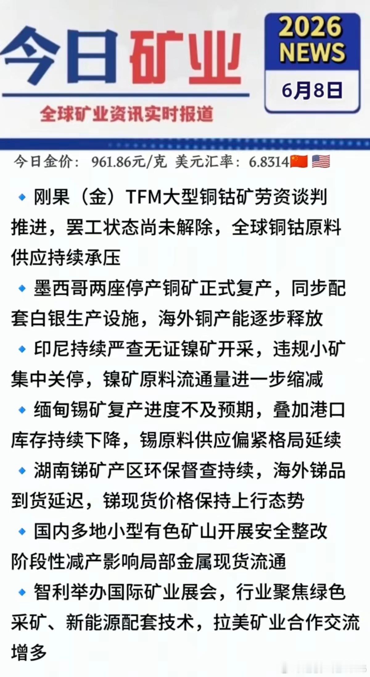 6.8周一最新：有色金属+矿业新闻！1.刚果铜矿罢工，铜钴原料供应承压2.墨