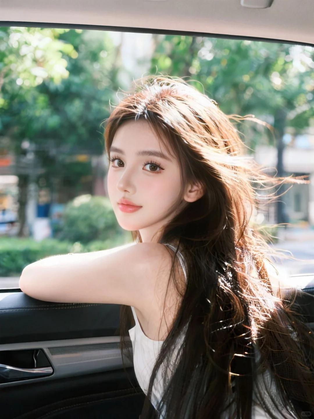 双眸明亮充满青春意味的学生妹小美女，唇瓣似哑光膜感的淡绛色，唇线如刀锋轻划的细痕