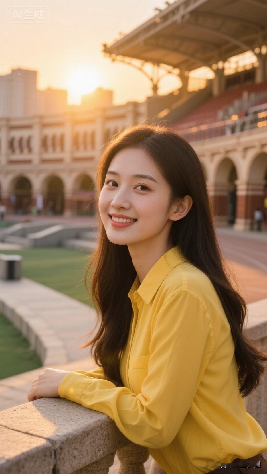 阳光明媚，女孩微笑靠栏杆。