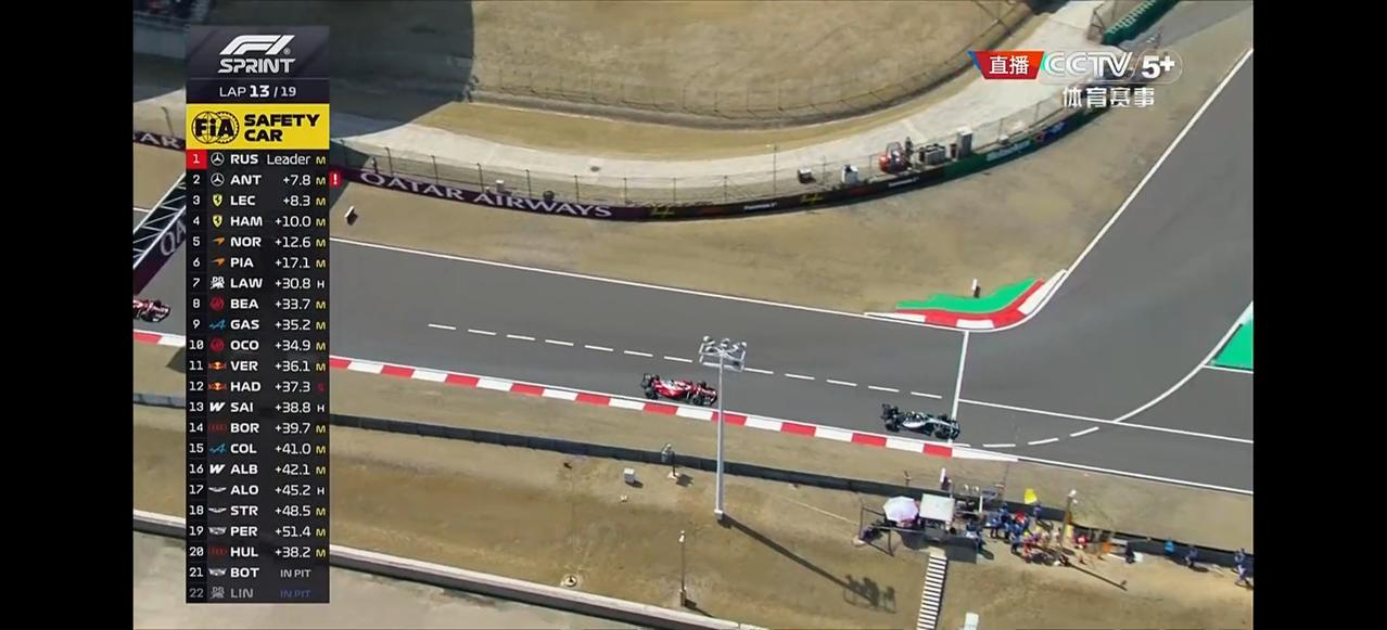 安全车出动，真的救了法拉利！汉密尔顿乐扣双车进站。林德布拉德、博塔斯、霍肯伯格退