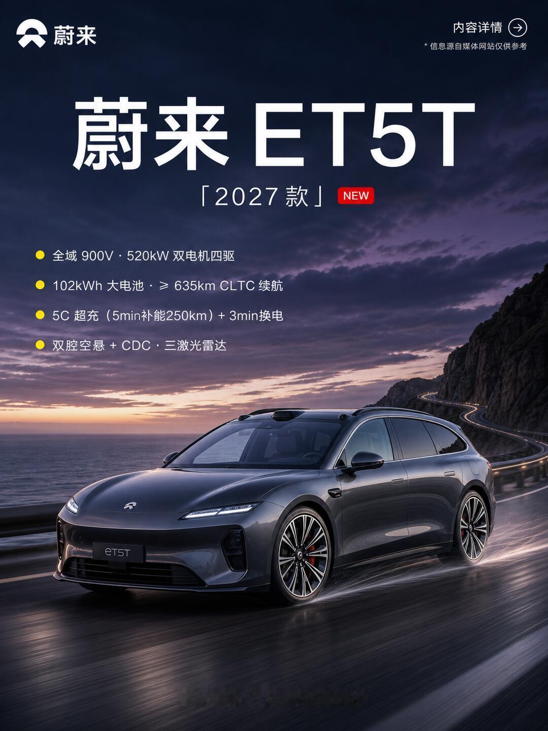 聊下网传2027款蔚来中大型纯电瓦罐，目前圈内有ET5T换代、全新ET6T两种说
