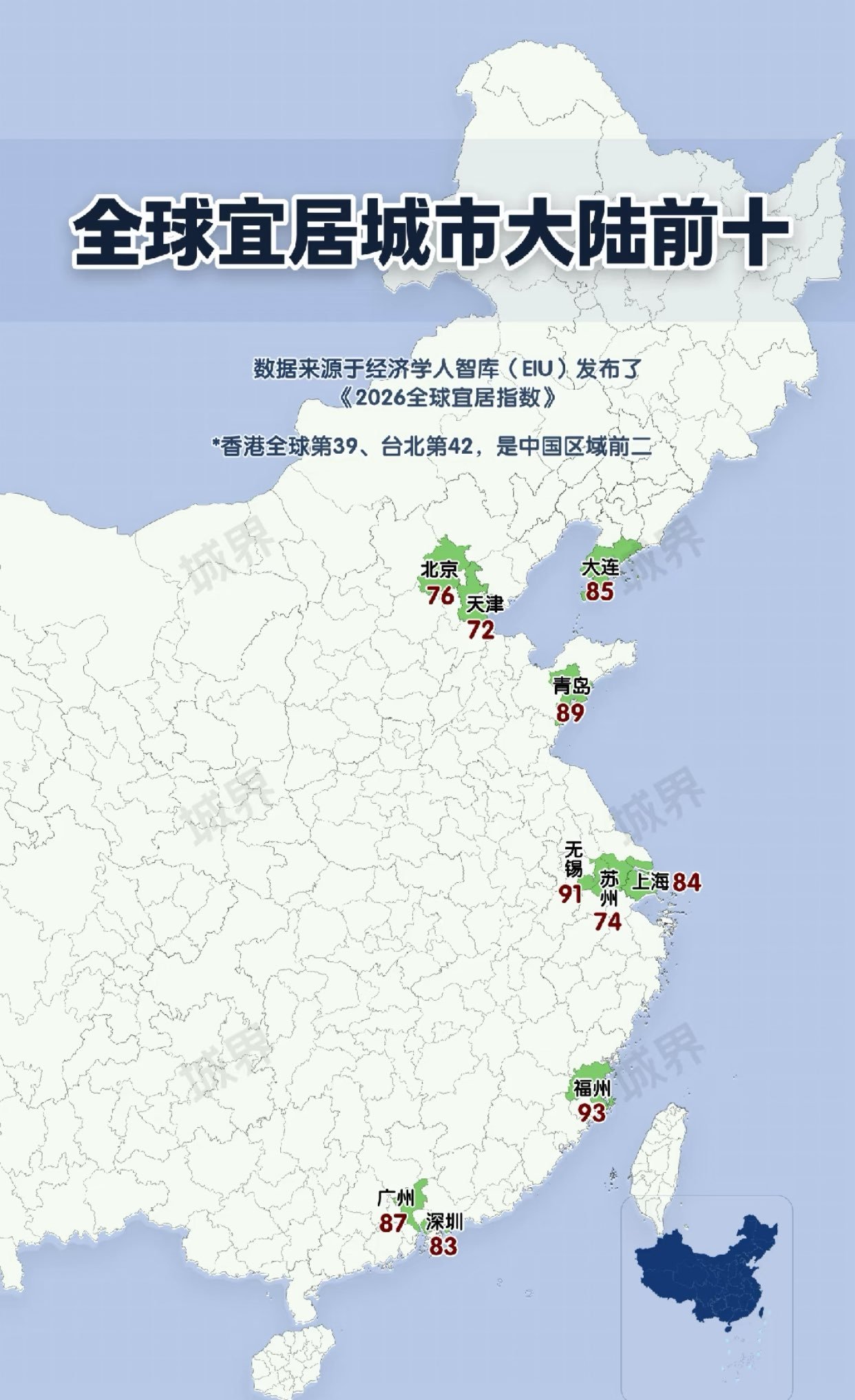 最宜居城市排名这我觉得不应该啊成都、重新、杭州都挺好的啊咋一个没有