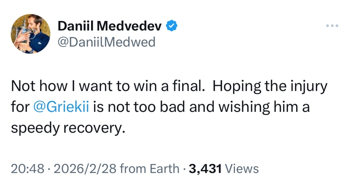 BreakingNews：ATP迪拜站决赛无缘上演，荷兰球员格里克斯普尔因伤退