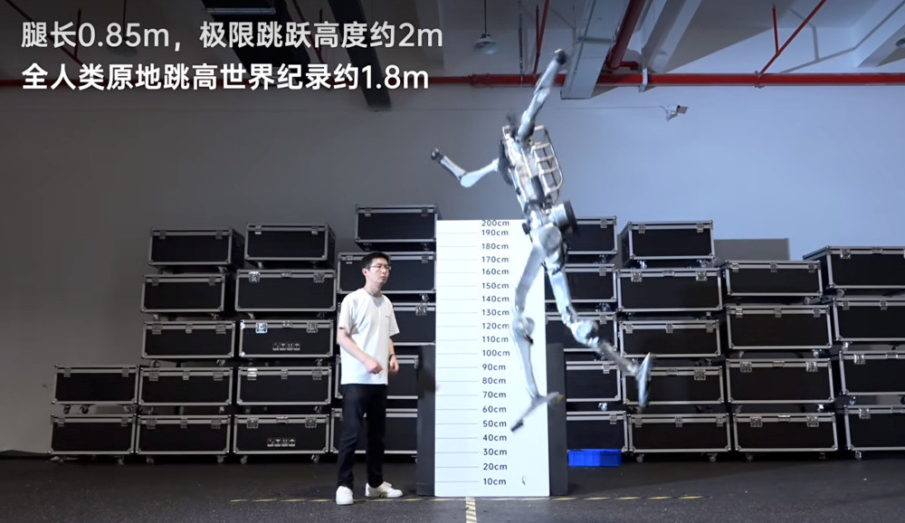 宇树科技“超人”机器人亮相: 原地跳高2米, 极限速度12.66m/s, 超越全人类纪录