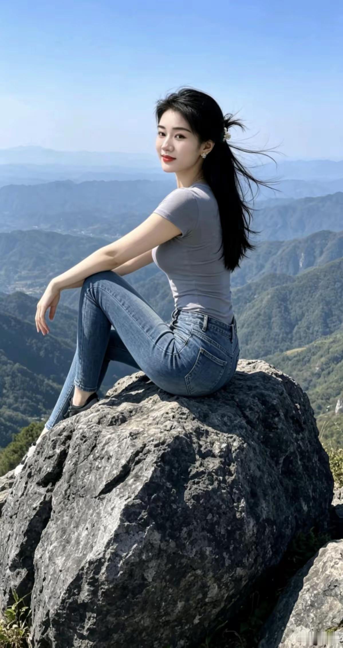 山巅少女，俯瞰群山，自由自在