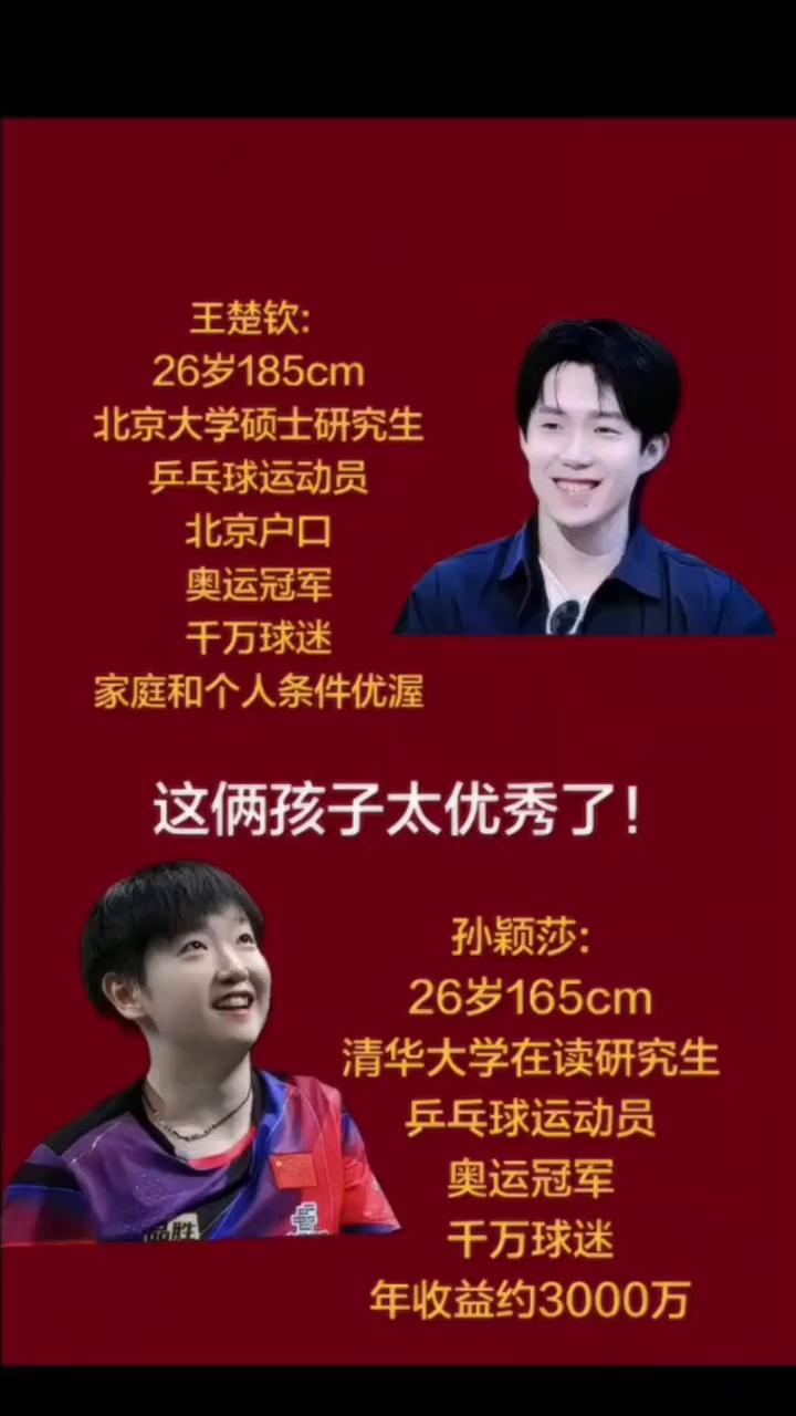 ·王楚钦：26岁，185cm，北京大学硕士研究生，乒乓球运动员，北京户口，奥运冠