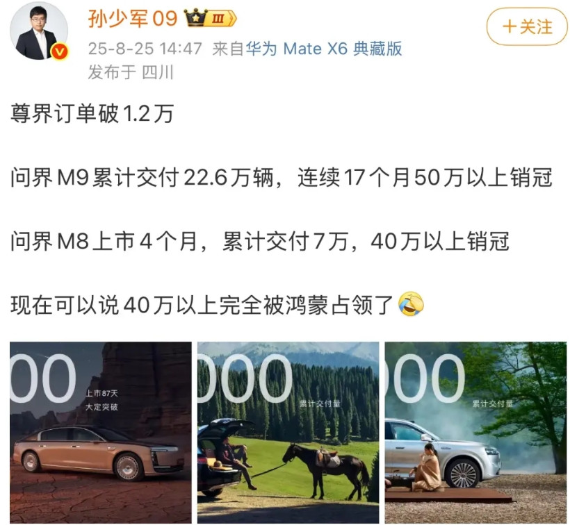 40万以上被华为占领了。70万以上区间：尊界S800，月销量破1000辆，是该