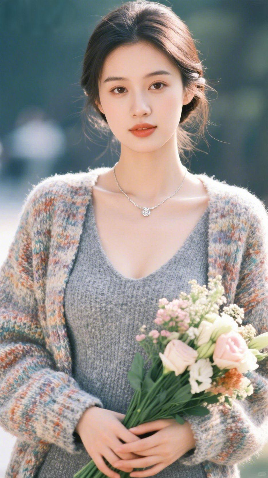 花束漫过针织衫晴好的午后，风裹着草木清香掠过发梢，我抱着一束粉白相间的花束