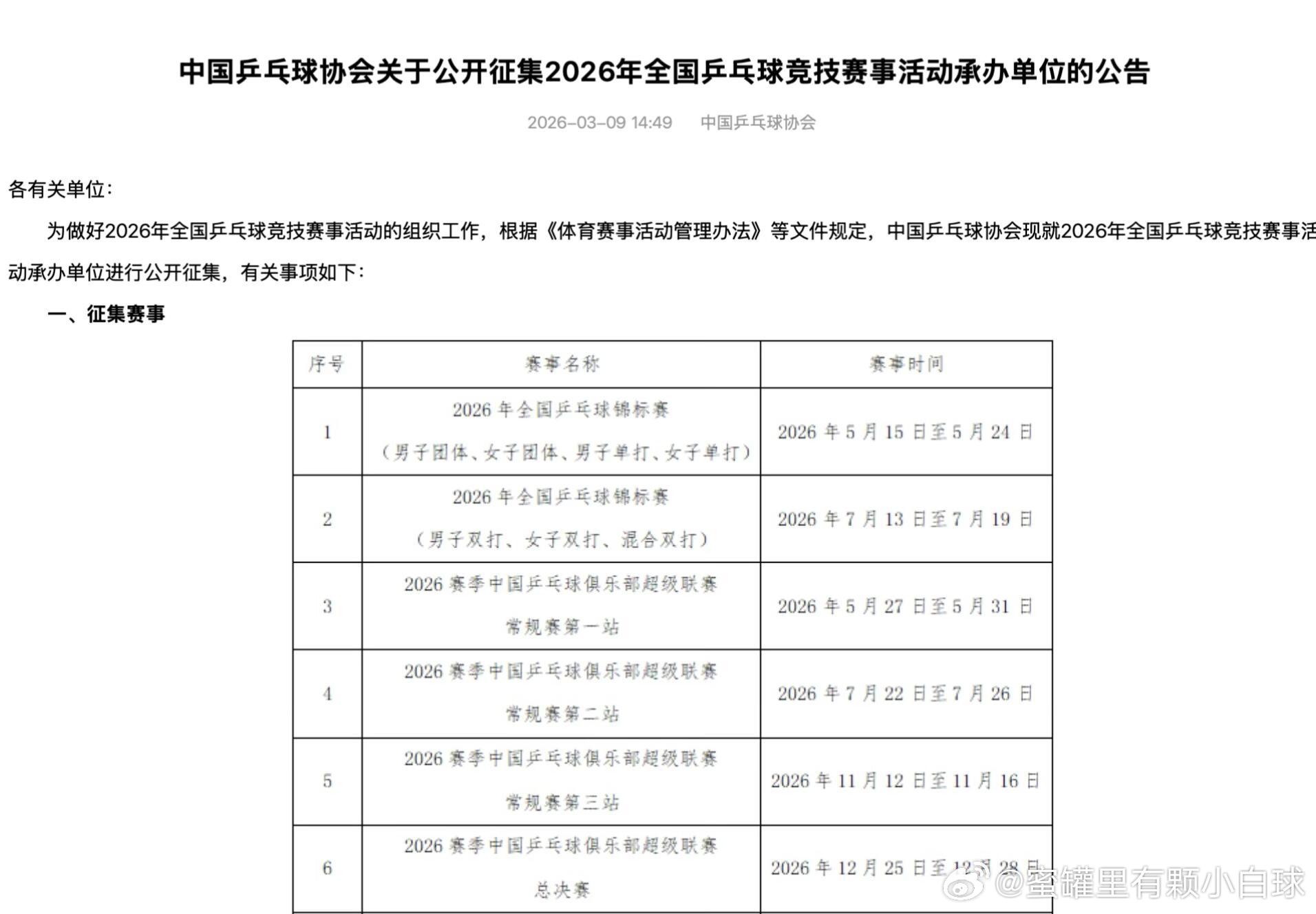 2026乒超时间确定2026全锦赛和乒超联赛举办时间如下：2026年全国乒乓球锦
