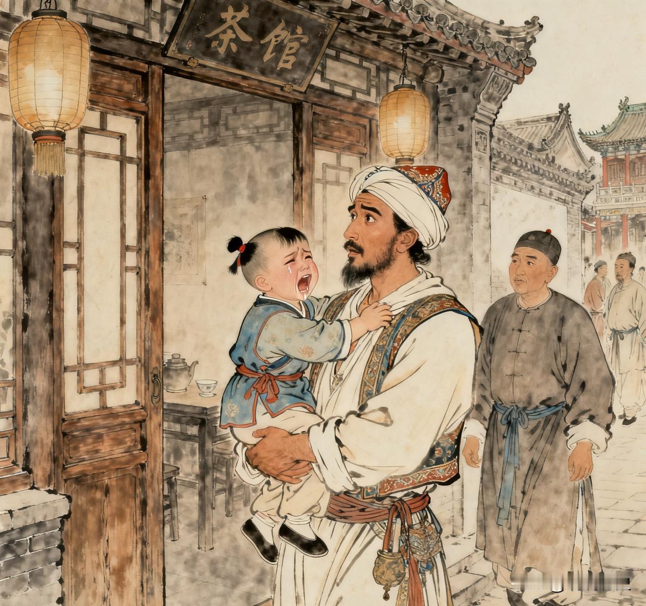 老人们相传，雍正庚戌年，京城地震的前一天，有个西域人抱着三四岁的小孩走进一家茶馆