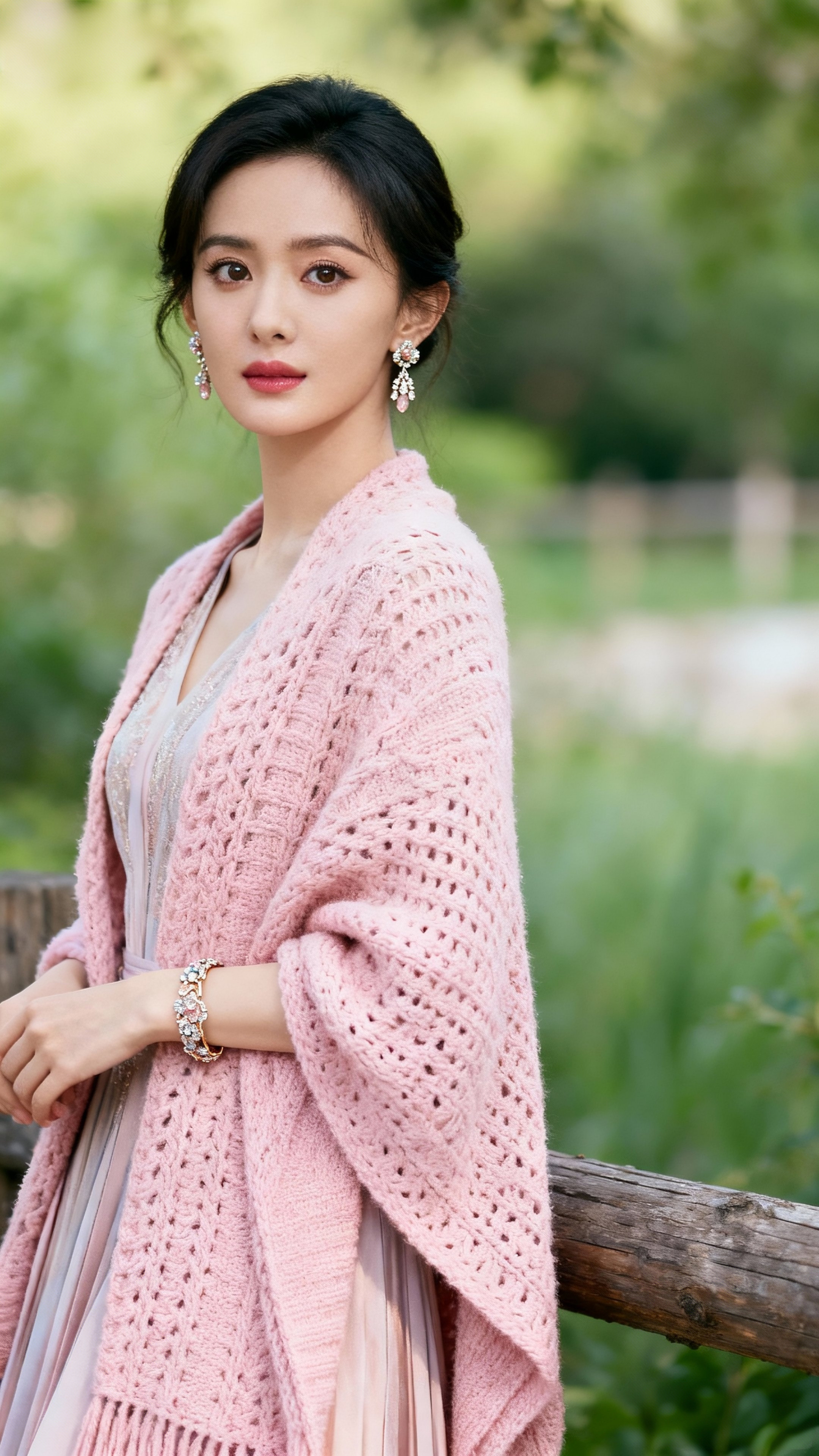 浅粉纱裙、盘发太绝了！户外氛围感美女，温柔到骨子里她身着浅粉百褶裙...