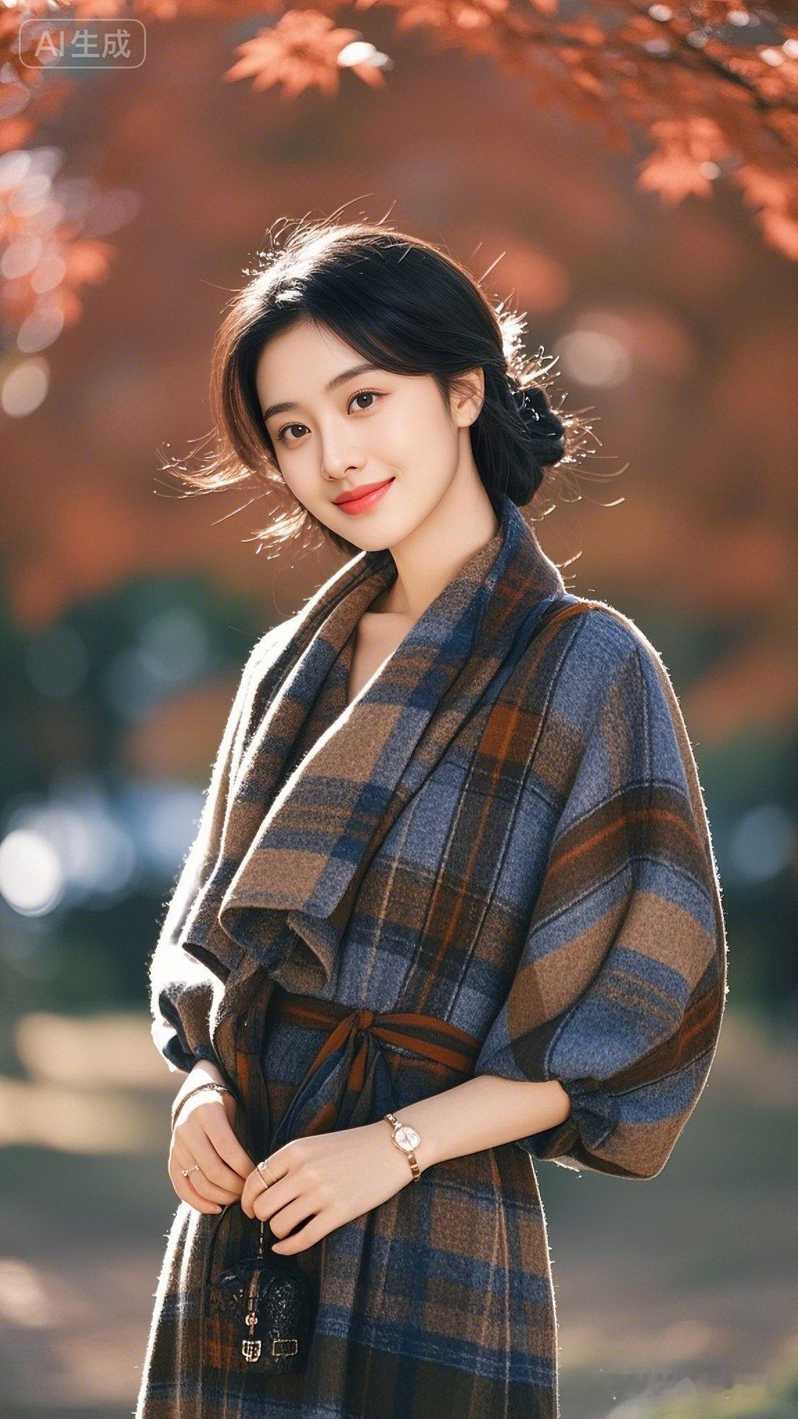 优雅女性挽发碎发随风轻扬，精致妆容衬温和亮眸浅笑。三色宽松薄呢八分灯笼袖裙配同色