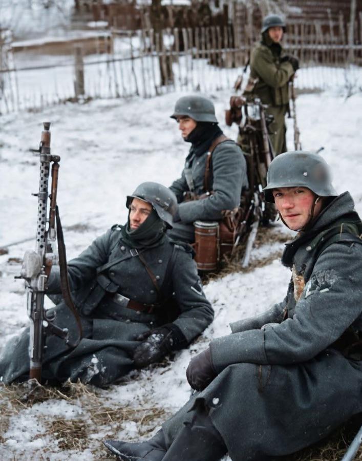 1941年，巴巴罗萨行动初期，逼近莫斯科的德军步兵正在临时休整中！‌纳粹德国陆