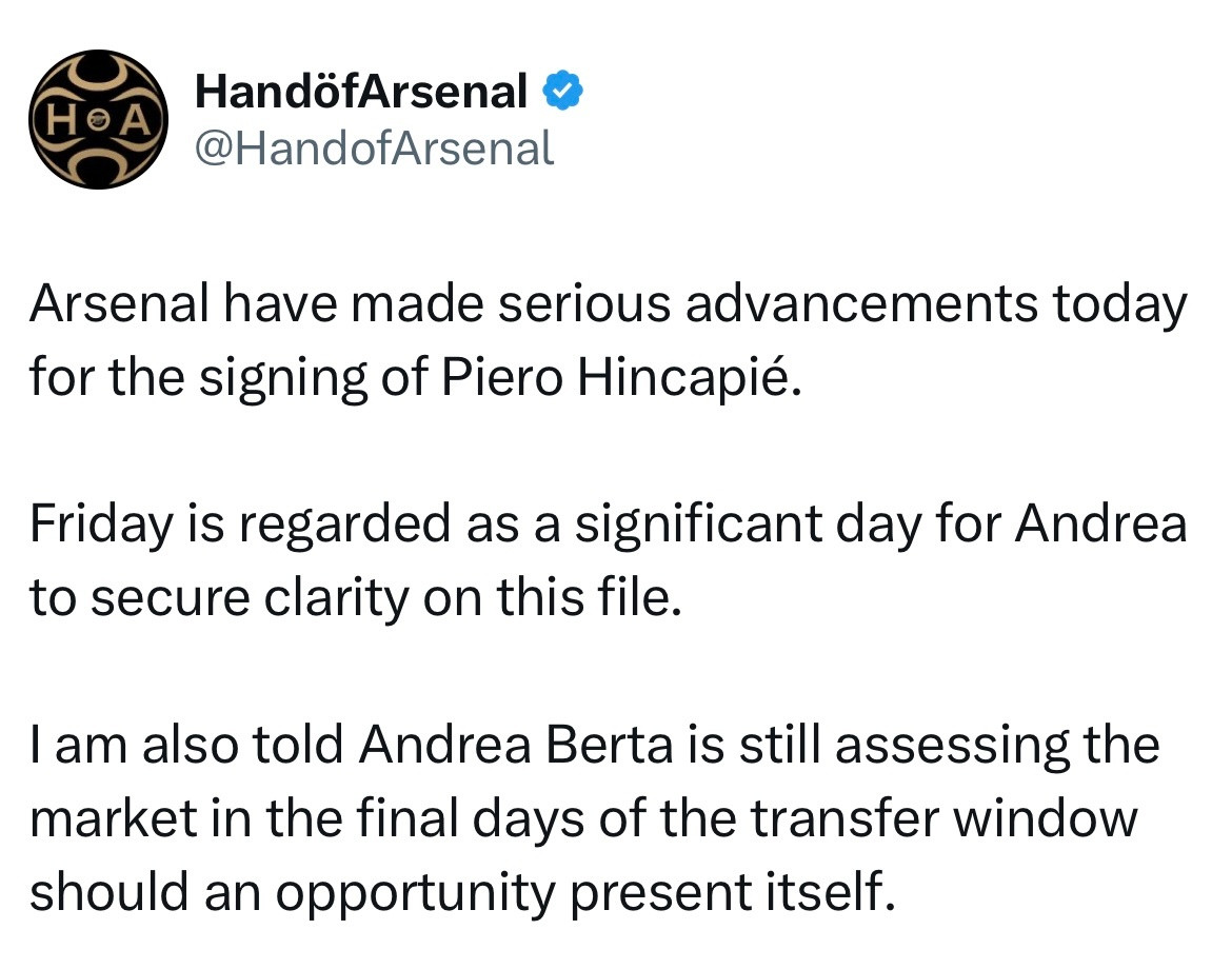 HandofArsenal：阿森纳今天（英国时间星期四）在签下因卡皮耶方面取得了