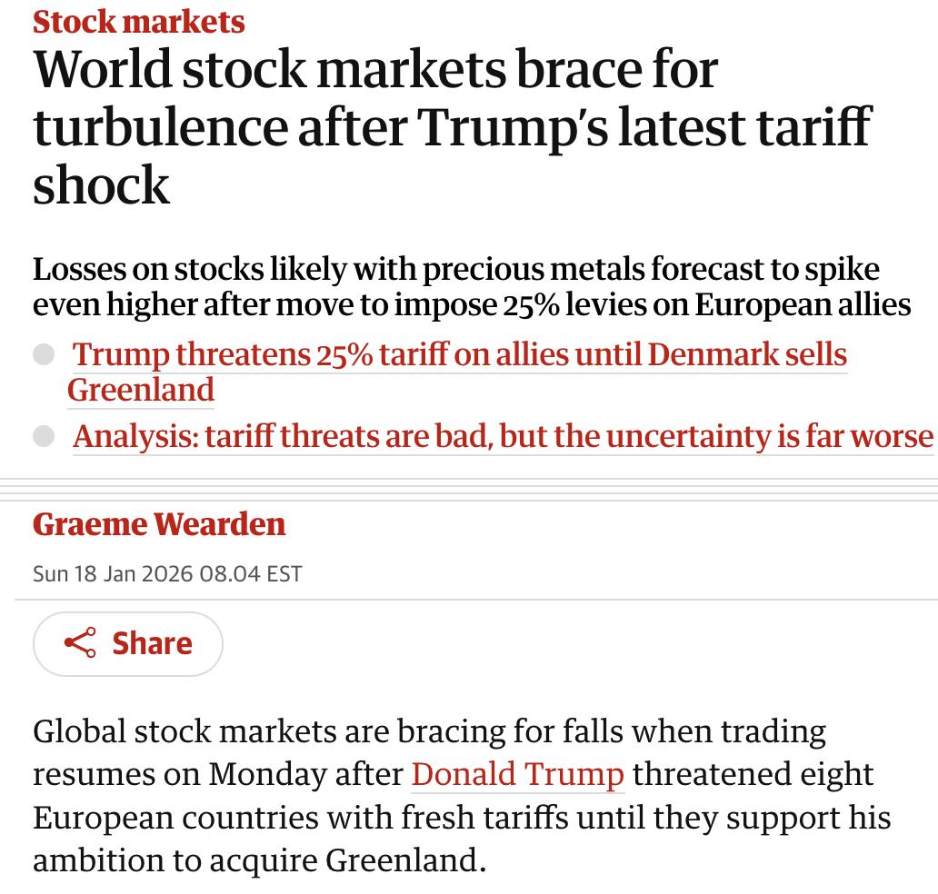 英媒：全球股市预计在1月19日（周一）交易中下跌，因特朗普威胁对八个欧洲国家实施