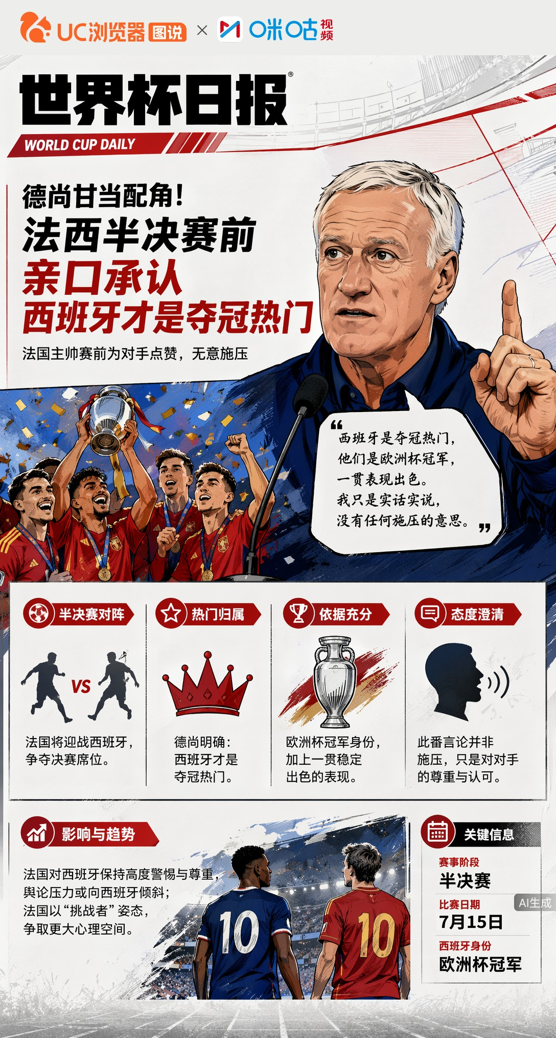 德尚甘当配角！法西半决赛前亲口承认西班牙才是夺冠热门
