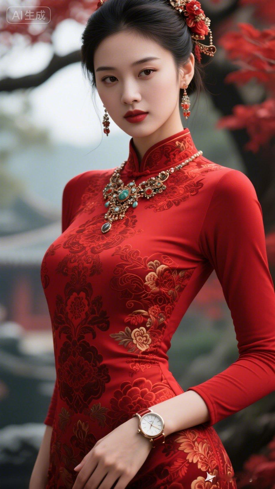 惊艳的东方古典美人，红衣华贵，气质非凡！
