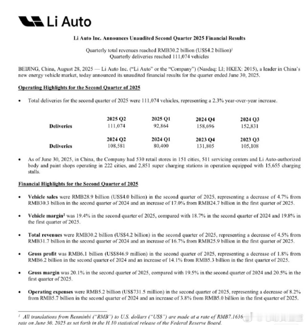 连续11个季度实现盈利！财理想汽车发布第二季度财报理想汽车Q2交付111,074