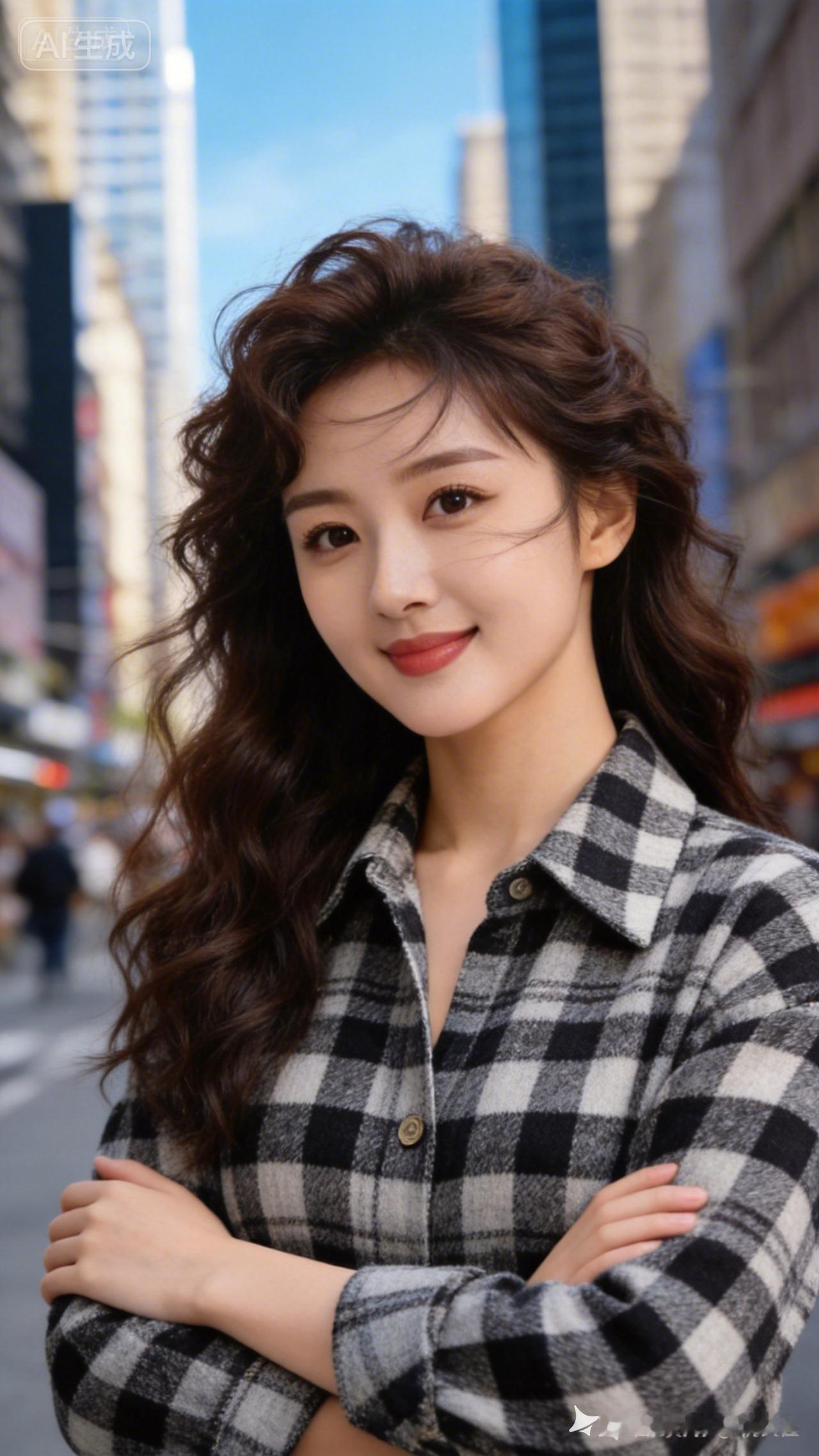 元气少女在都市街头，黑白格纹外套，元气满满！🌟✨